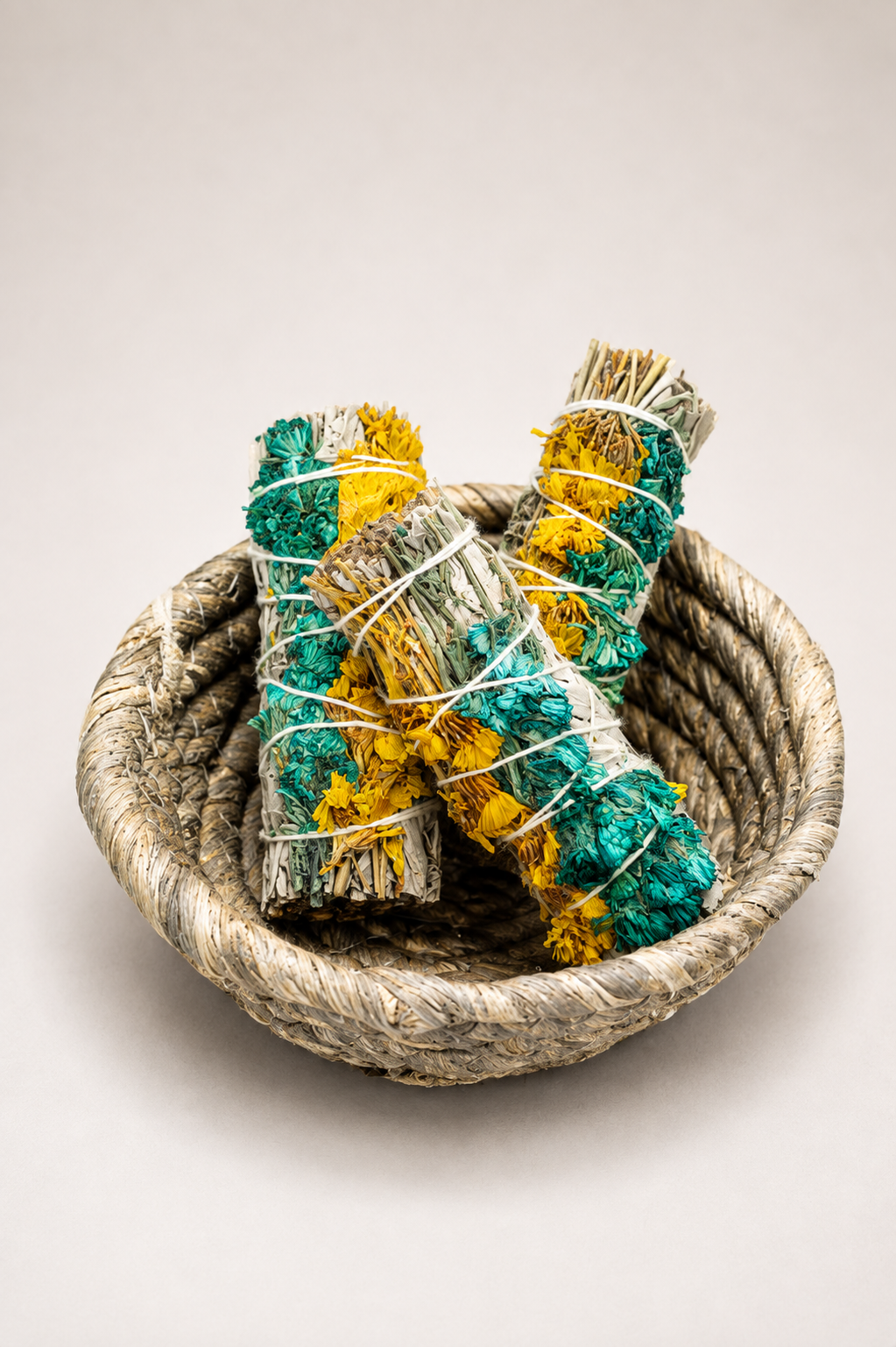 Turquoise and Yellow Sinuata with White Sage Bundle