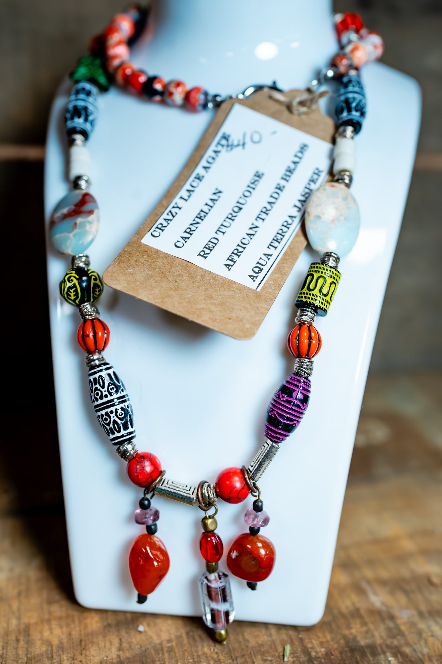 Crazy Lace Agate, Carnelian, Red Turquoise, African Trade Beads, Aqua Terra Jasper Necklace