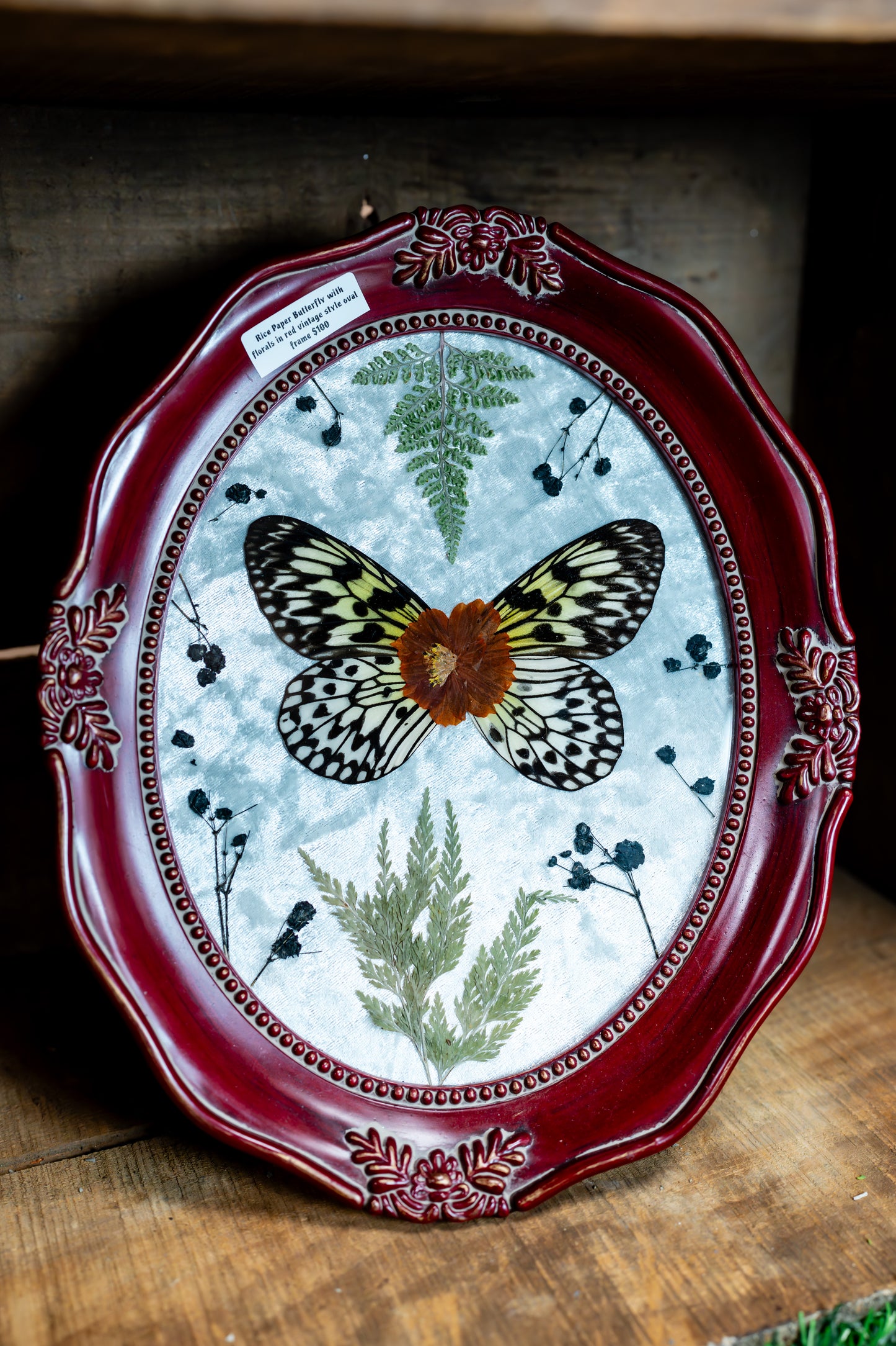 Rice Paper Butterfly with Florals in Red Vintage Style Oval Frame