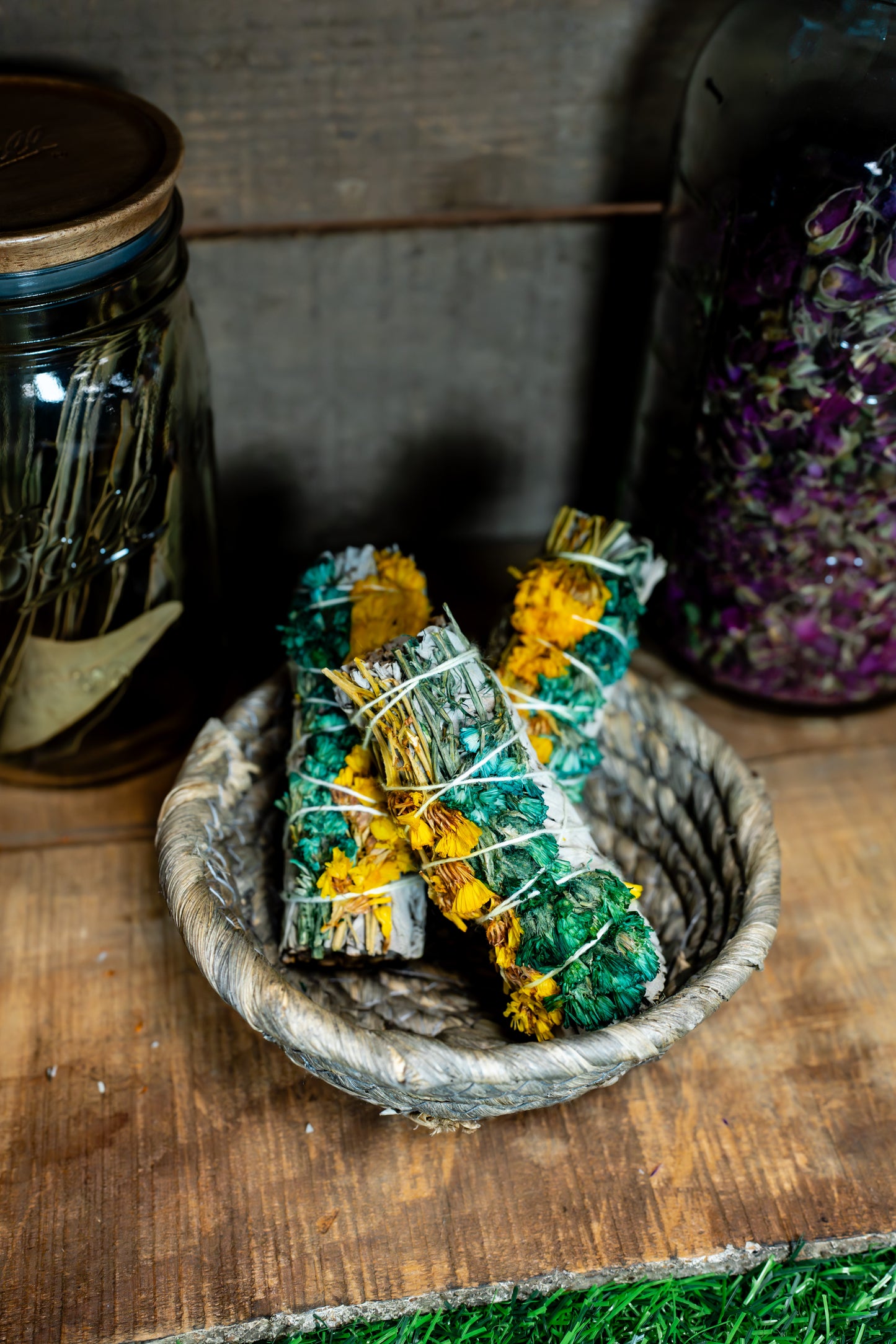 Turquoise and Yellow Sinuata with White Sage Bundle