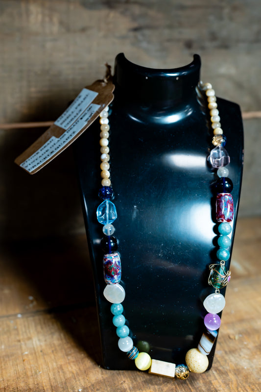 Amazonite, Shell Pearl, Cobalt, Stone Bead, Vintage Glass Bead, Crackle Quartz Necklace