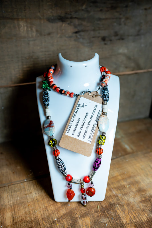 Crazy Lace Agate, Carnelian, Red Turquoise, African Trade Beads, Aqua Terra Jasper Necklace