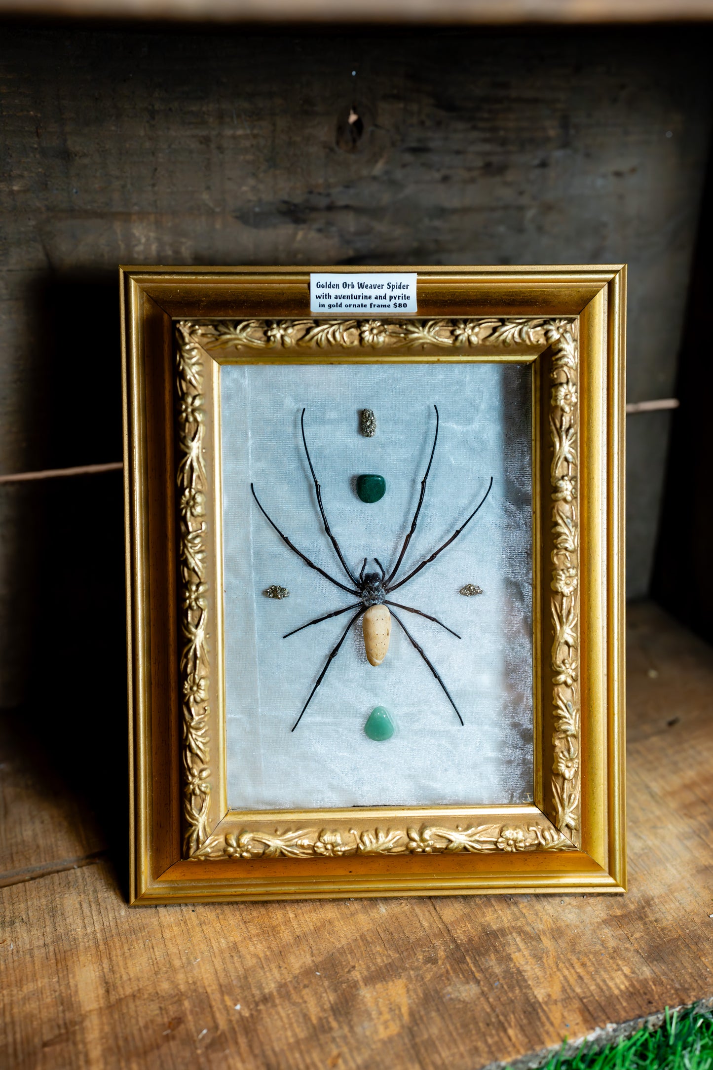 Golden Orb Weaver Spider with Aventurine and Pyrite in Gold Ornate Frame