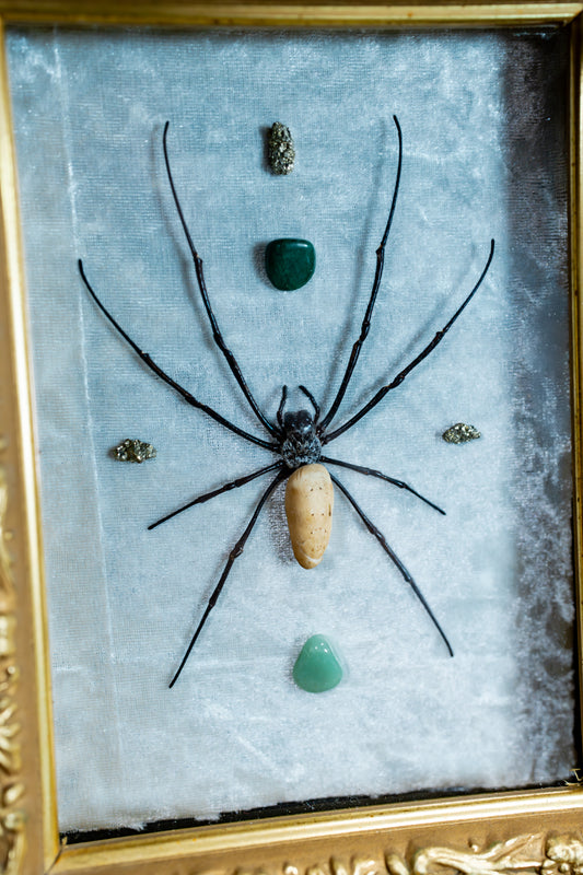 Golden Orb Weaver Spider with Aventurine and Pyrite in Gold Ornate Frame
